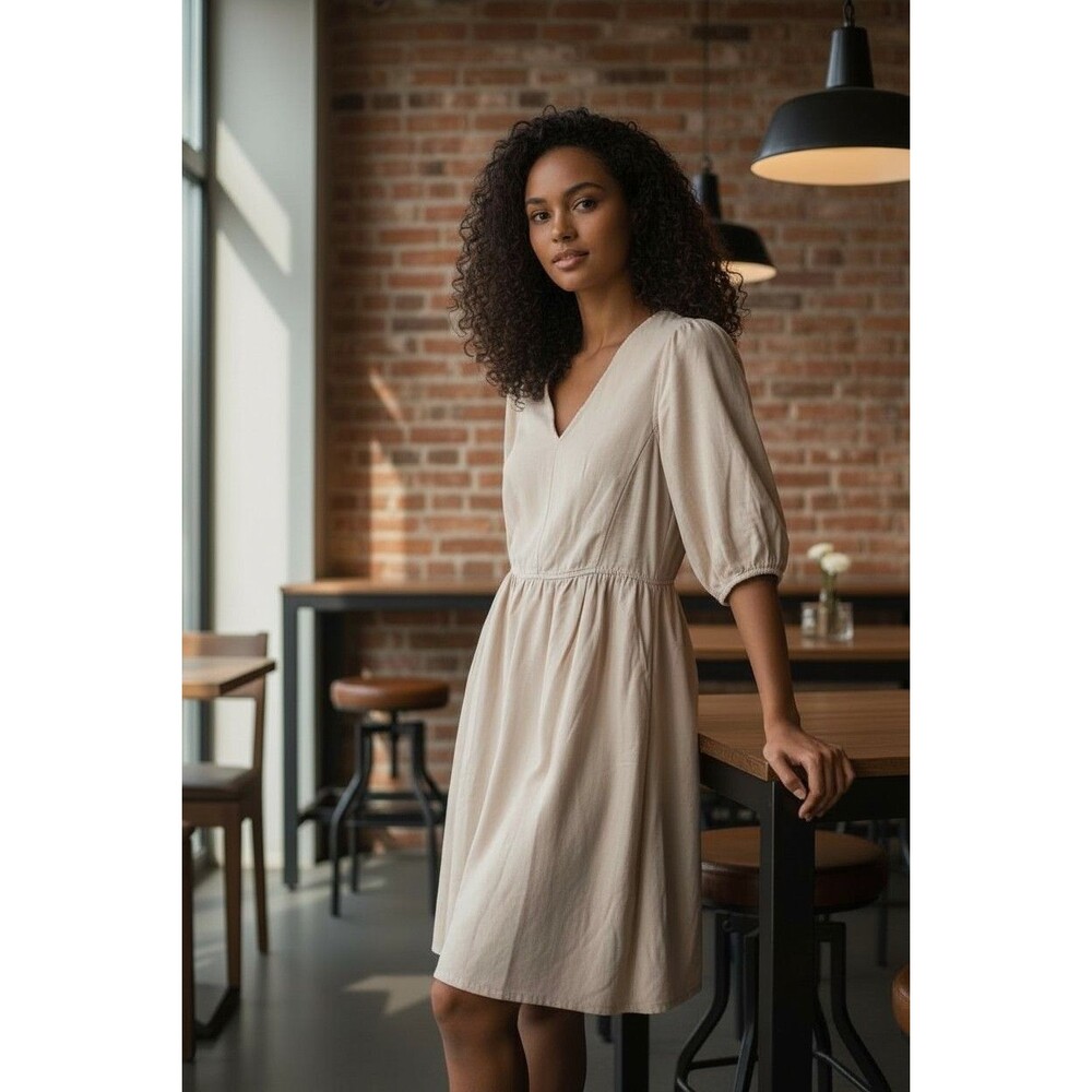 NWT Everlane Tencel Puff Sleeve Midi Dress Womens XXS Cream Pink Boho Peasant